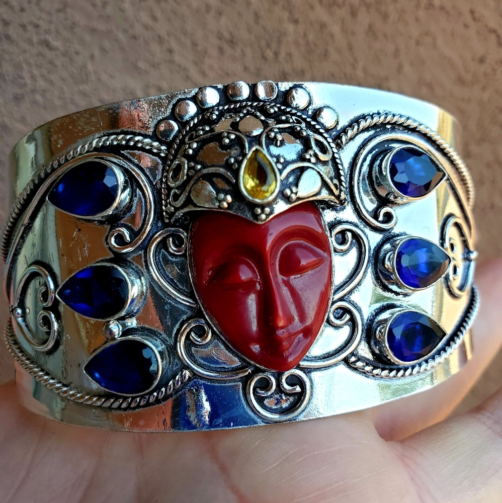 New Carved Goddess Face Blue Topaz & Citrine 925 Silver Bracelet.